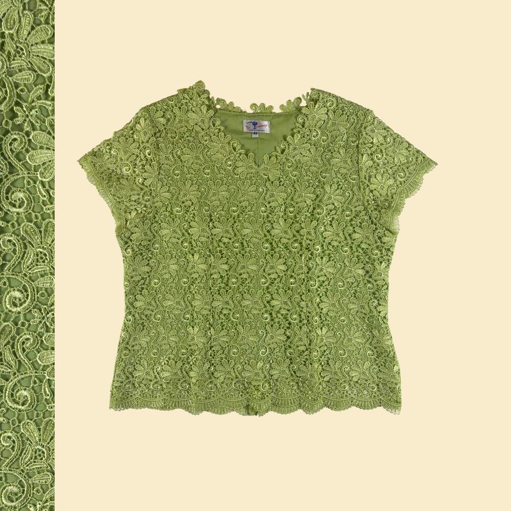 Vintage 70s/80s green lace blouse, size 42 Five Cherry short sleeve women's top